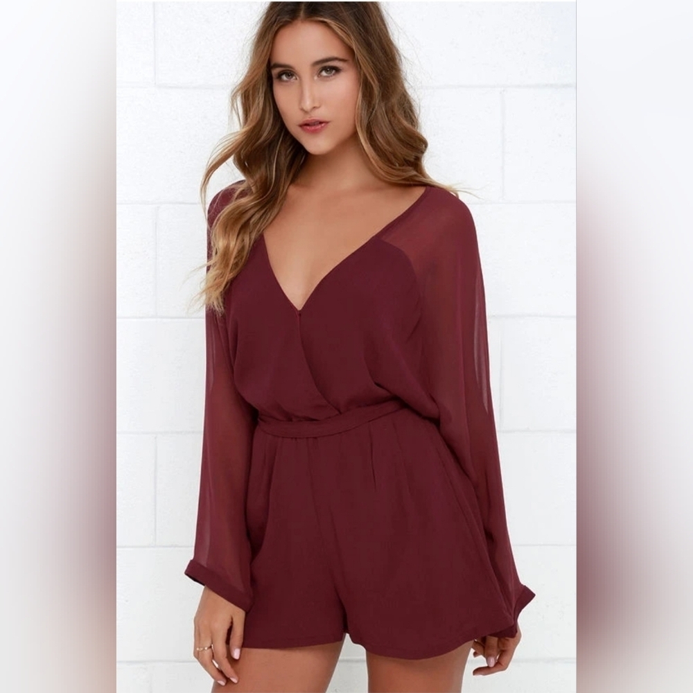 Lulus Wine Red Sheer Romper – Size L